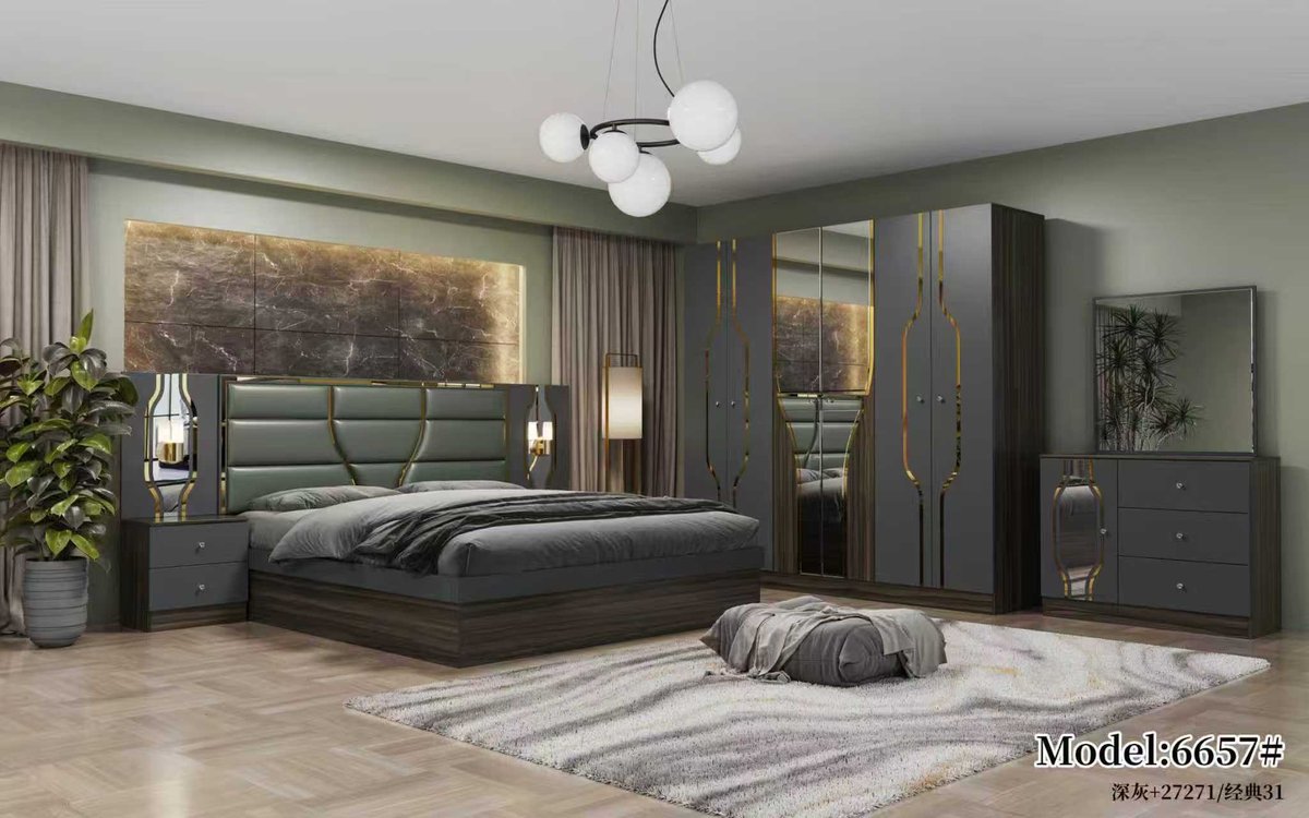 Dark Grey and Green Leather Bedroom Set